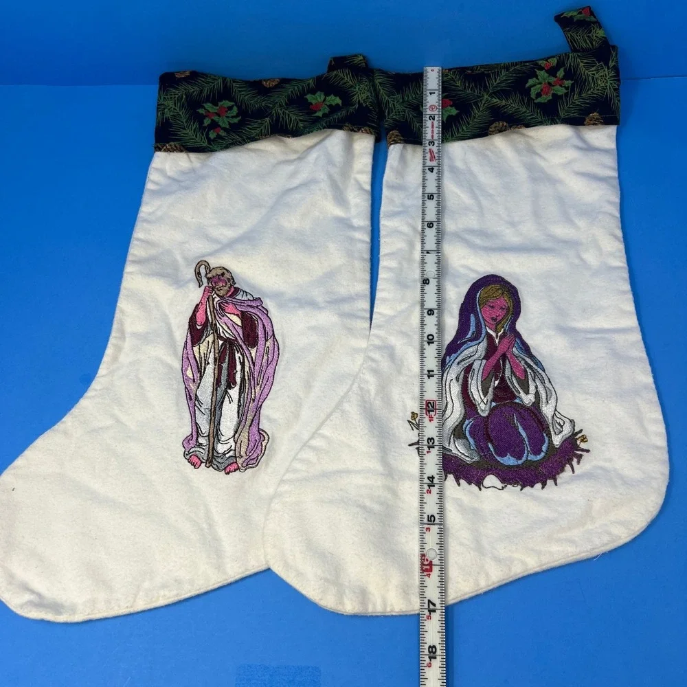 Christmas Stockings White Vintage Mary Joseph Embroidered Nativity Religious Set